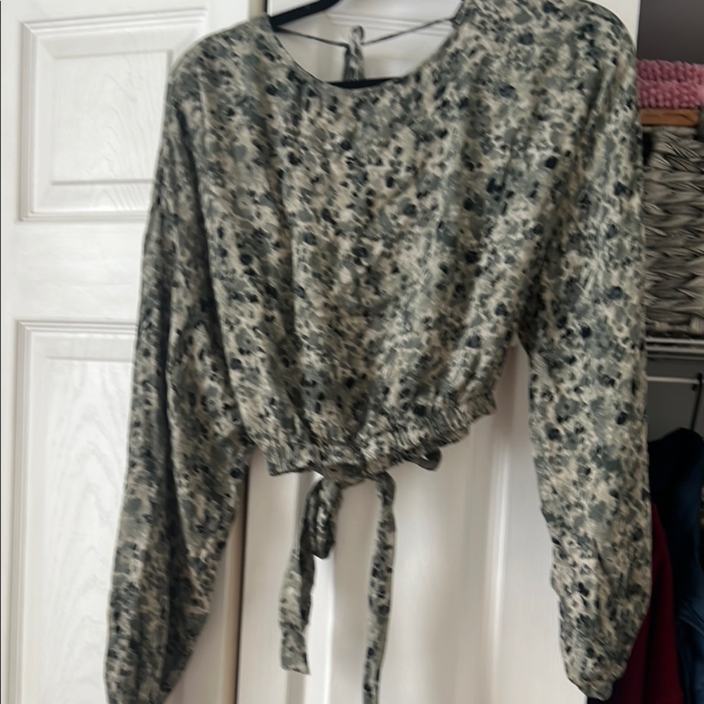 Patterned Long Sleeve Blouse with Tie Waist